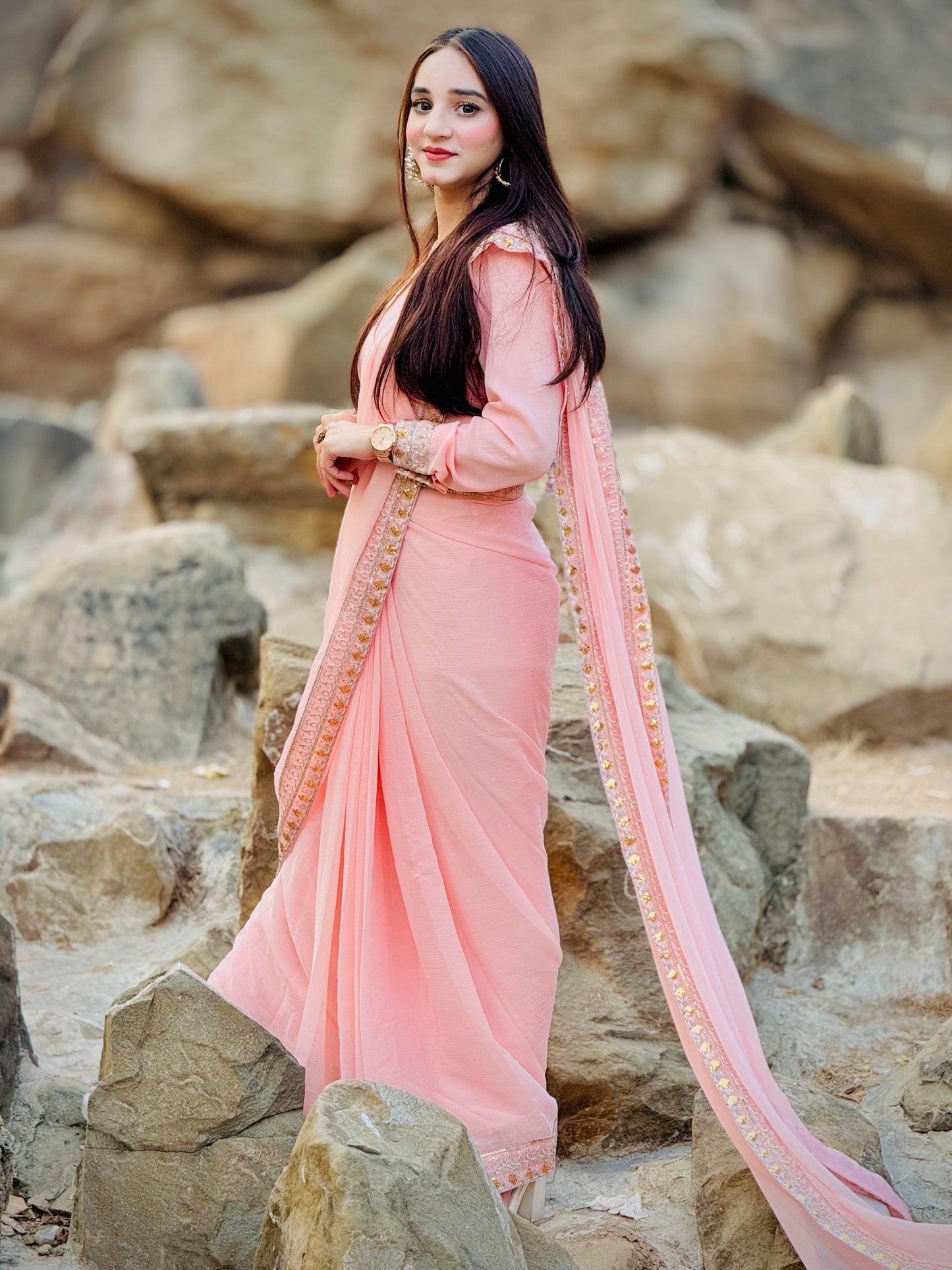 Outstanding Pink Chiffon Mother-Daughter Duo Saree Set