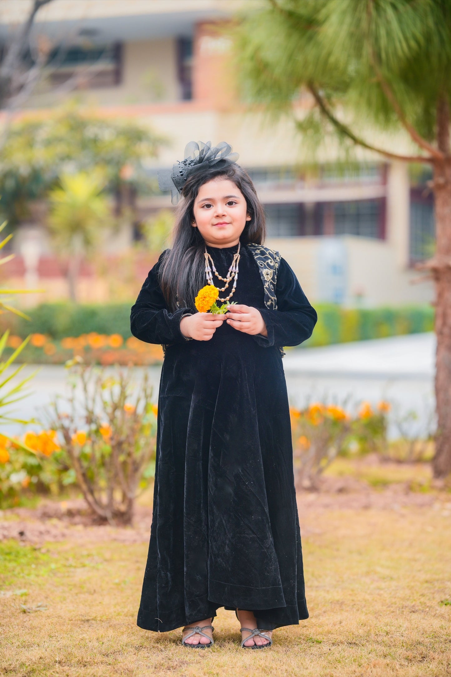 Black Velvet Frock with Embroidered Jacket