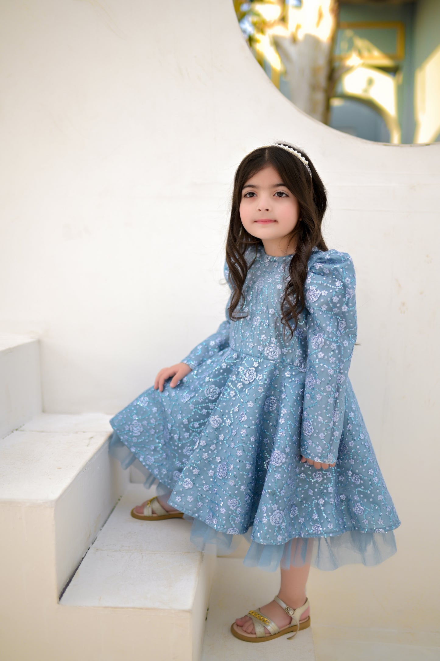 Stitched Sky Blue Embroidered Net Frock