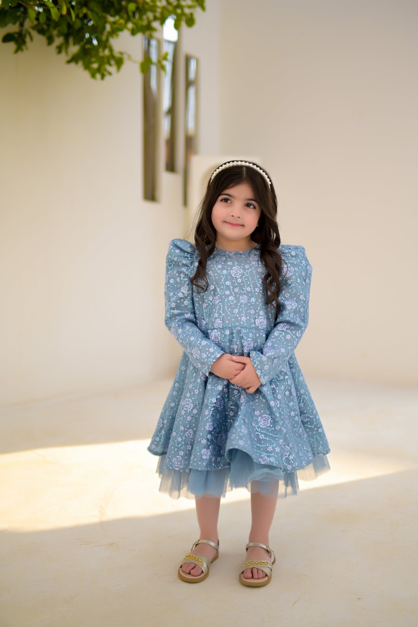 Stitched Sky Blue Embroidered Net Frock