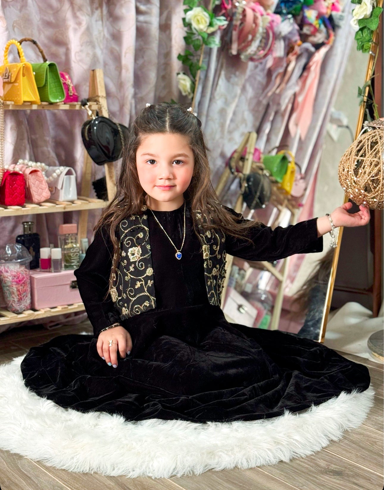 Black Velvet Frock with Embroidered Jacket