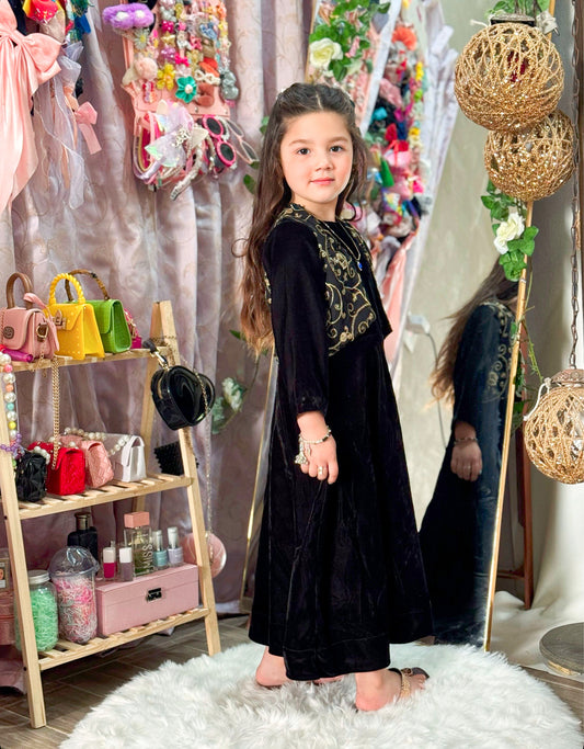 Black Velvet Frock with Embroidered Jacket