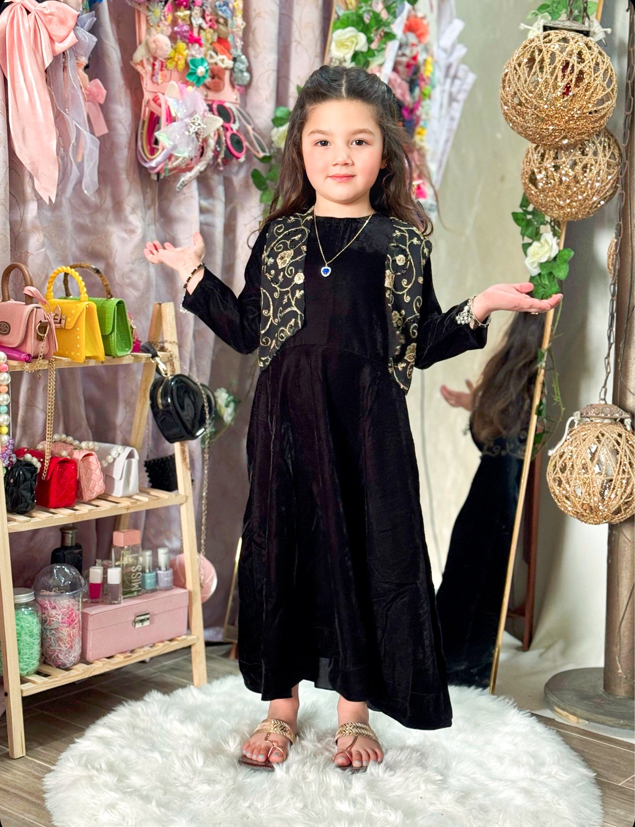 Black Velvet Frock with Embroidered Jacket