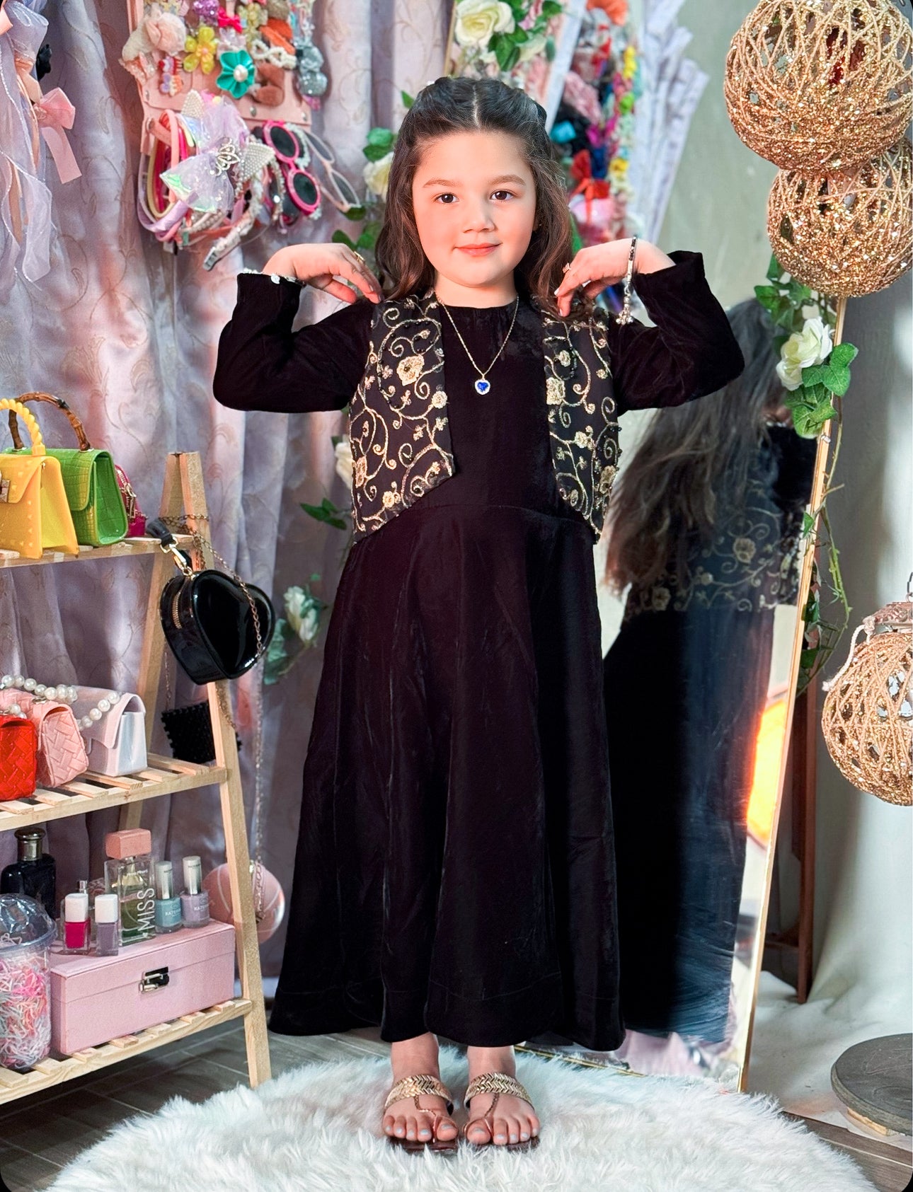Black Velvet Frock with Embroidered Jacket