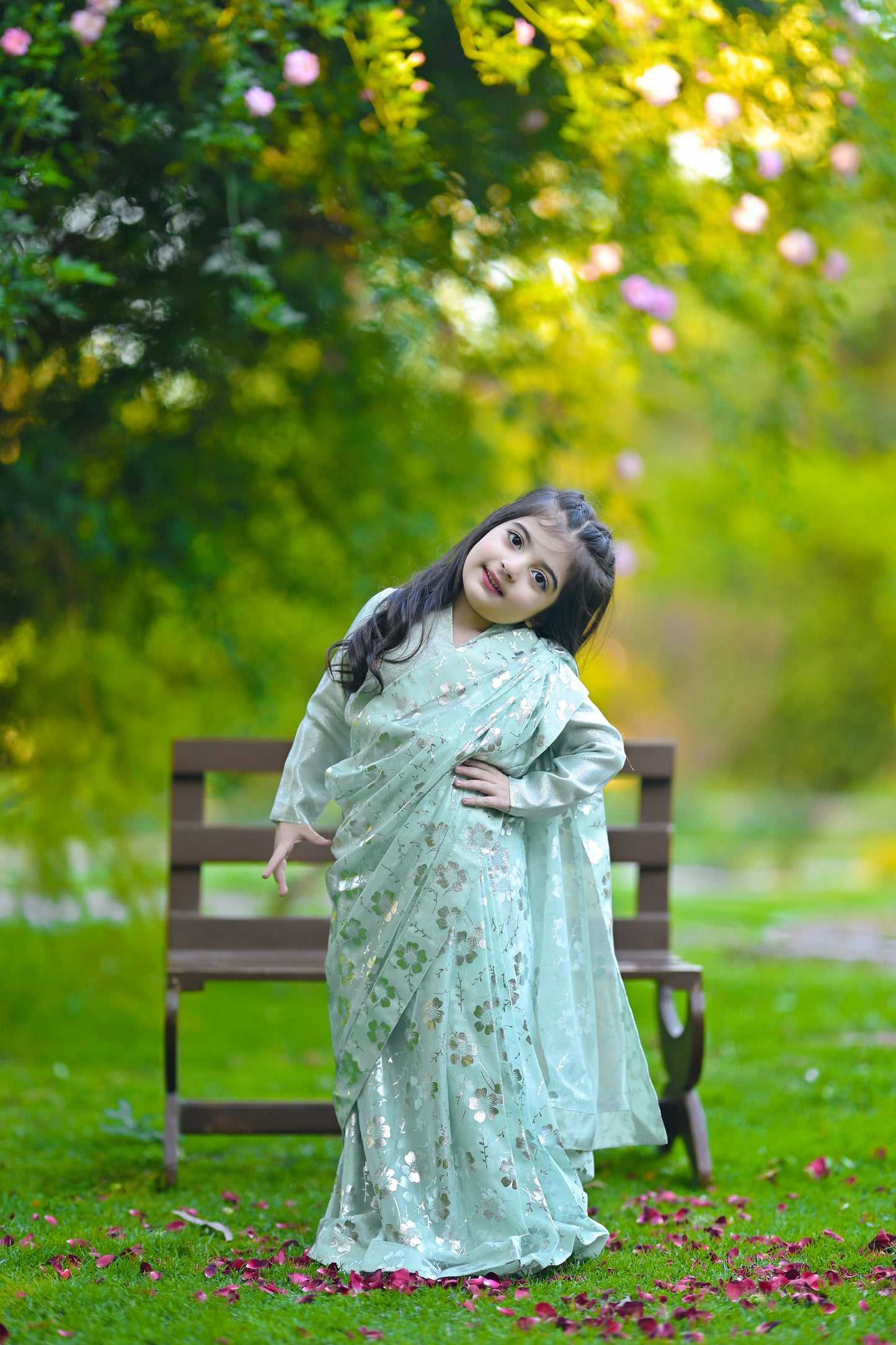 Stitched Pistachio Saree for Kids (Ages 2–14)