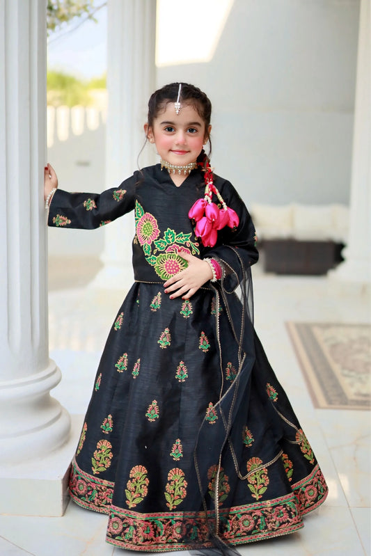 Girls Black Lehenga Choli 3-Piece Set