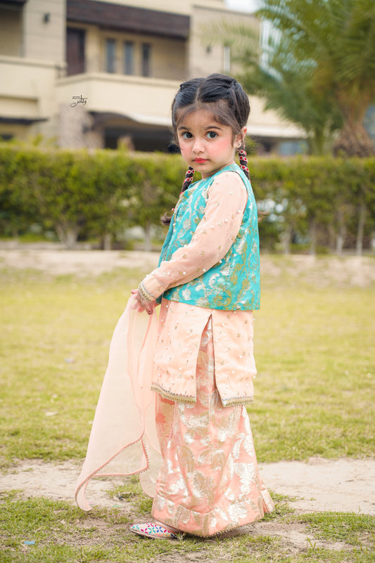 Peach and Feroozi Stitched 3-Piece Sharara Suit for Girls