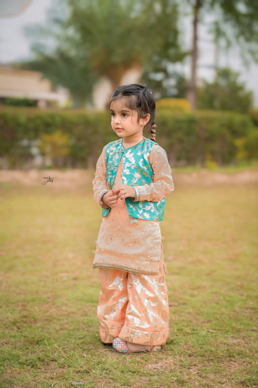Peach and Feroozi Stitched 3-Piece Sharara Suit for Girls