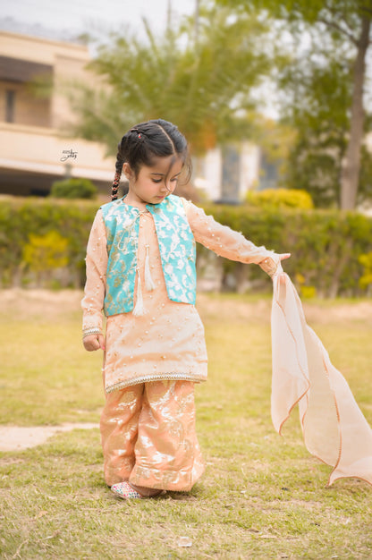 Peach and Feroozi Stitched 3-Piece Sharara Suit for Girls