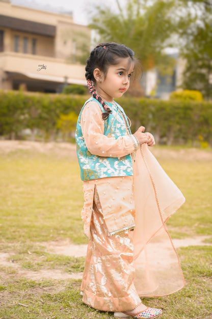 Peach and Feroozi Stitched 3-Piece Sharara Suit for Girls