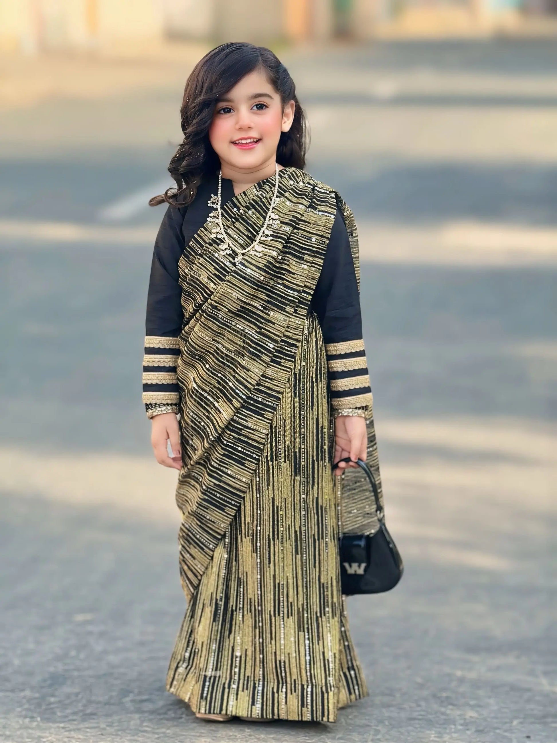 Black Saree with Golden Embellishment | LIOR.PK