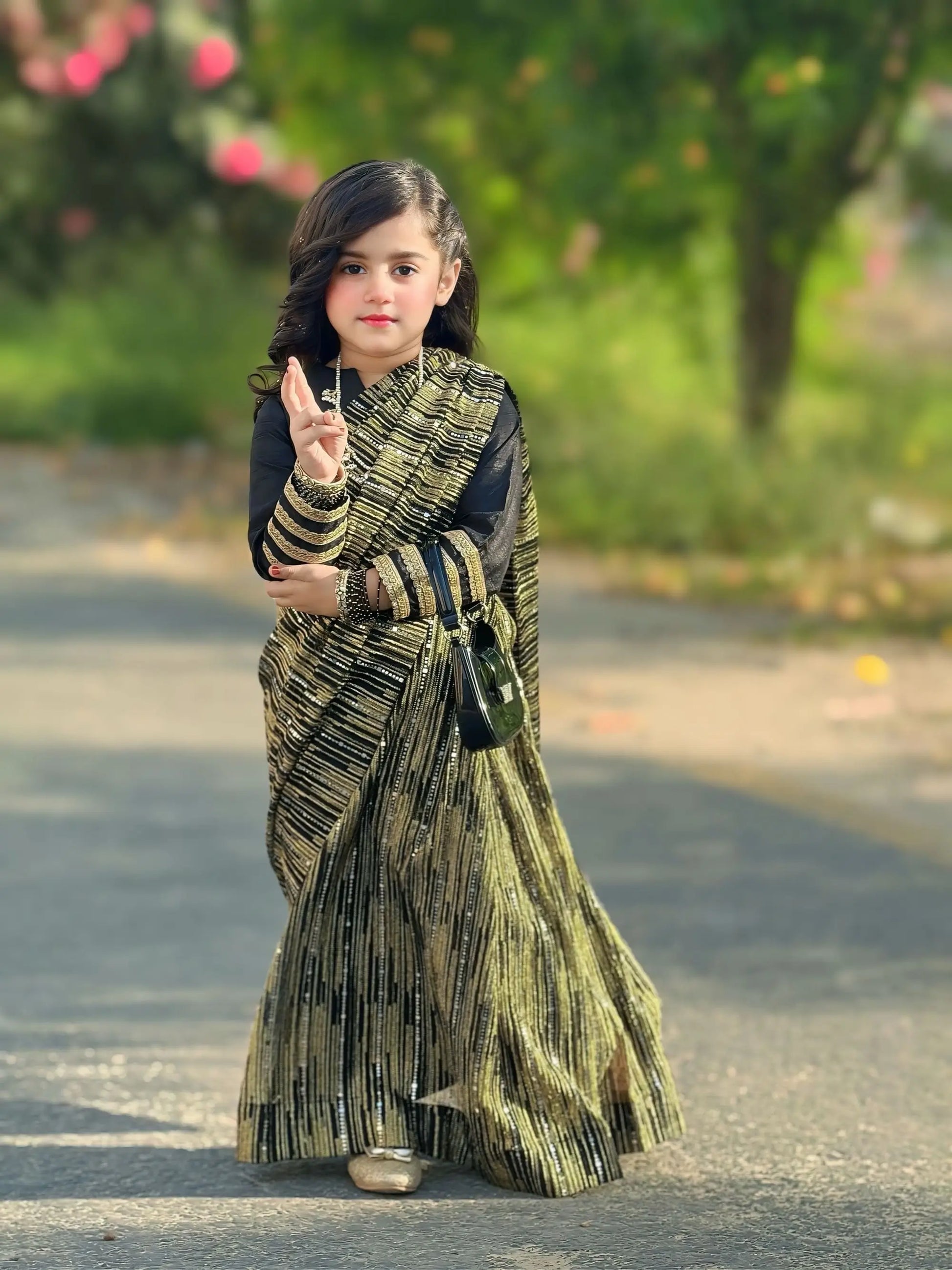 Black Saree with Golden Embellishment | LIOR.PK