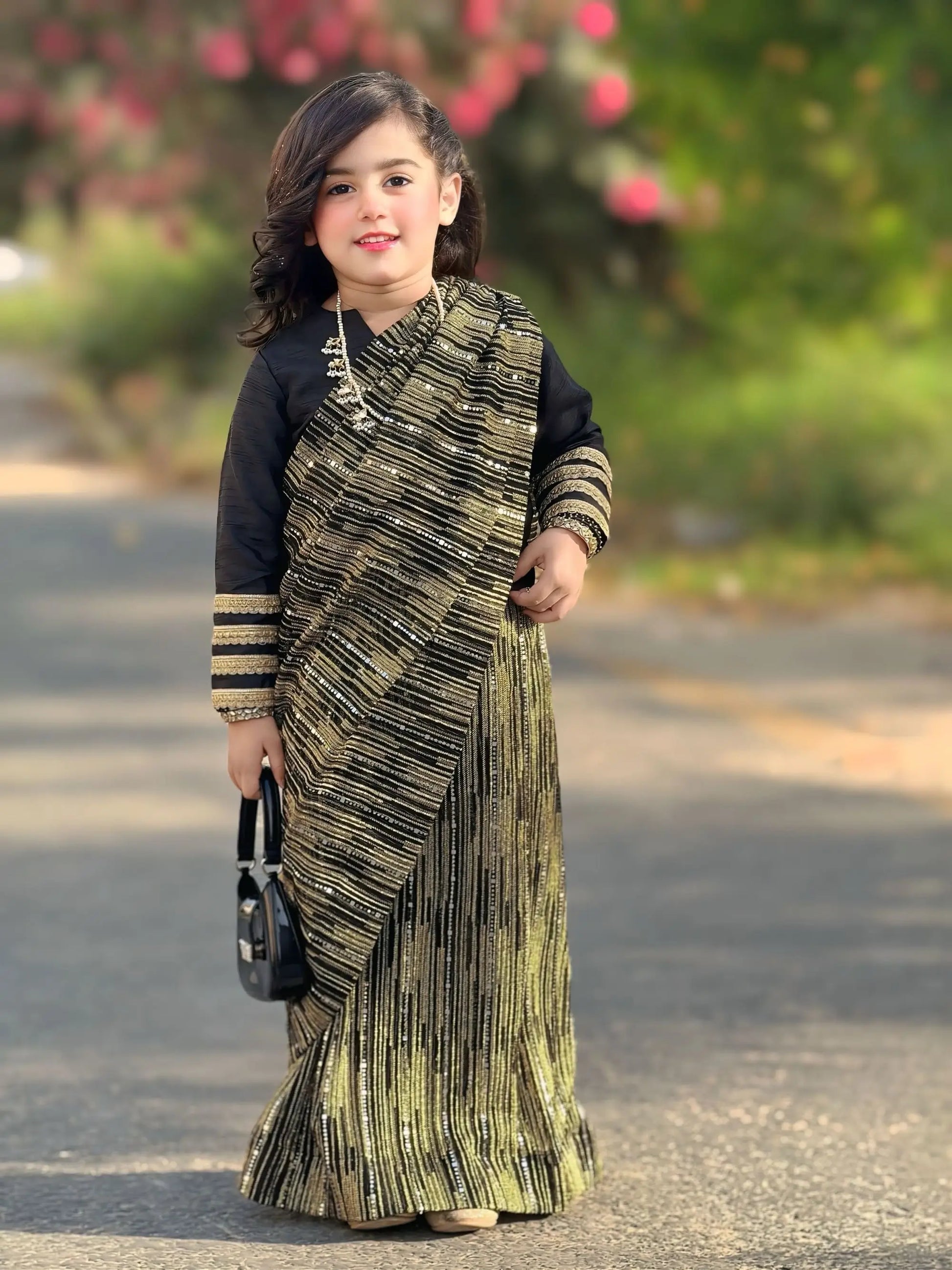 Black Saree with Golden Embellishment | LIOR.PK