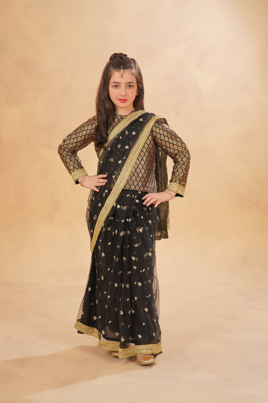Stitched Black Stunning Stitched Net Saree