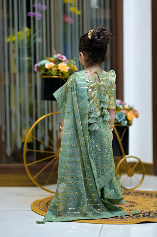Stitched Moonlight Saree in Green Color