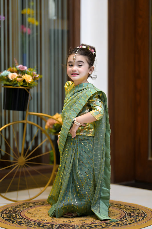 Stitched Moonlight Saree in Green Color