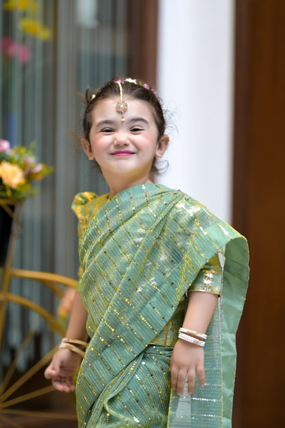 Stitched Moonlight Saree in Green Color
