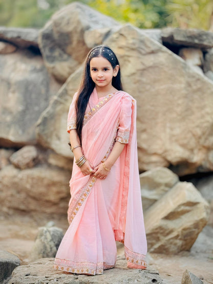 Outstanding Pink Chiffon Mother-Daughter Duo Saree Set