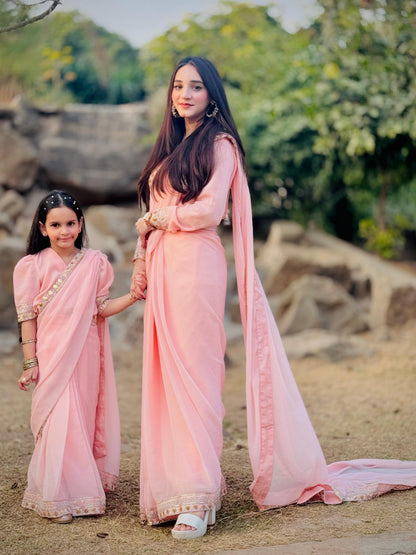 Outstanding Pink Chiffon Mother-Daughter Duo Saree Set