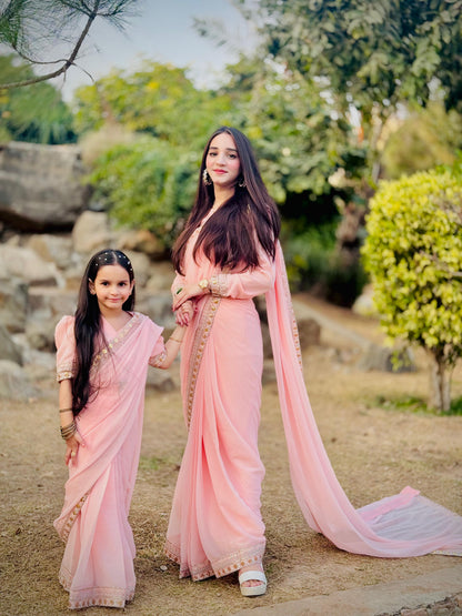 Outstanding Pink Chiffon Mother-Daughter Duo Saree Set