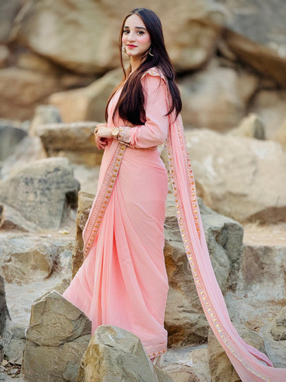 Outstanding Pink Chiffon Mother-Daughter Duo Saree Set