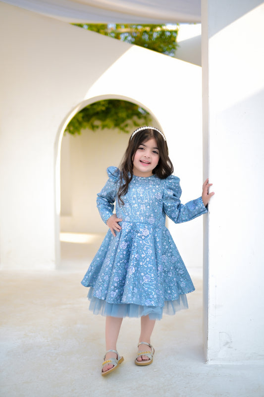 Stitched Sky Blue Embroidered Net Frock