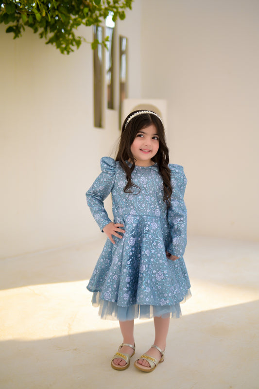 Stitched Sky Blue Embroidered Net Frock