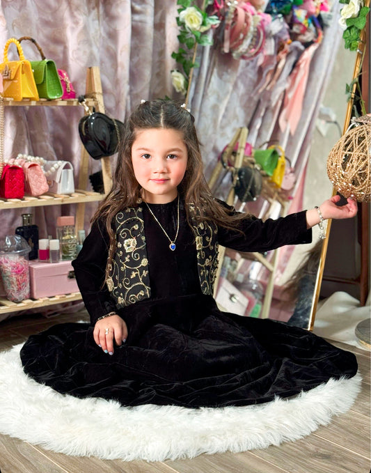 Black Velvet Frock with Embroidered Jacket