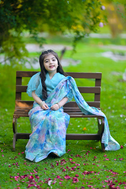 Stitched Sky Blue Mermaid Saree for Kids (Ages 2–14)