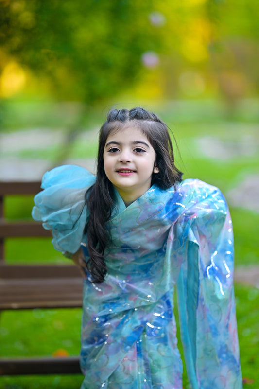 Stitched Sky Blue Mermaid Saree for Kids (Ages 2–14)