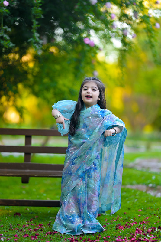 Stitched Sky Blue Mermaid Saree for Kids (Ages 2–14)