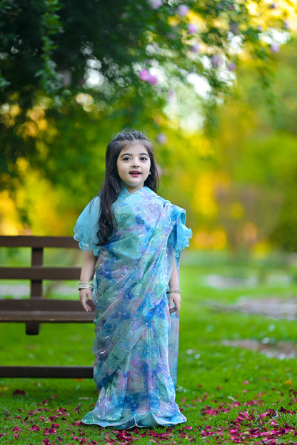 Stitched Sky Blue Mermaid Saree for Kids (Ages 2–14)