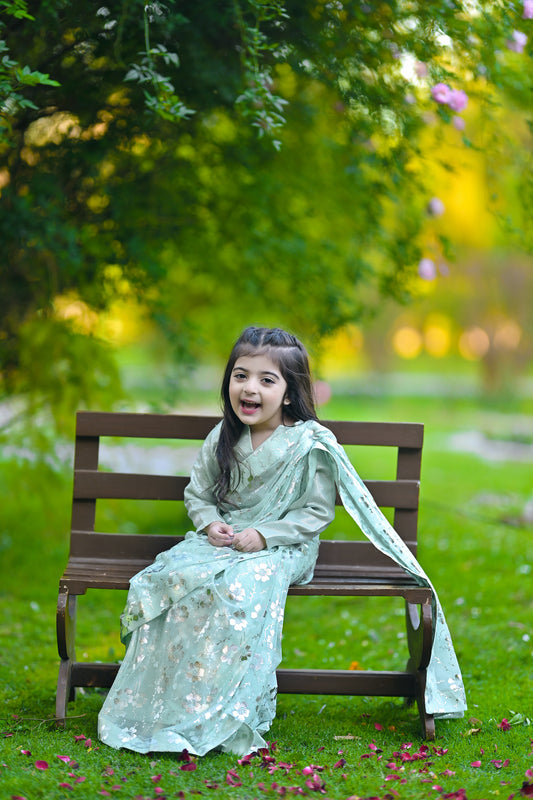 Stitched Pistachio Saree for Kids (Ages 2–14)