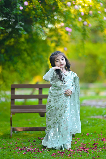 Stitched Pistachio Saree for Kids (Ages 2–14)