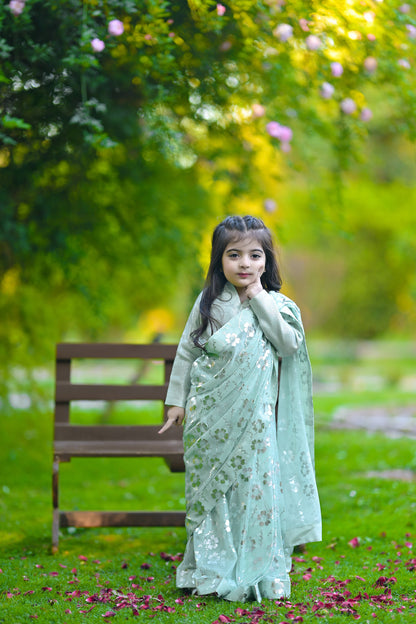 Stitched Pistachio Saree for Kids (Ages 2–14)