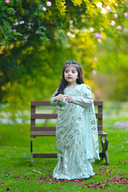 Stitched Pistachio Saree for Kids (Ages 2–14)
