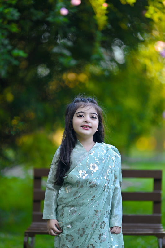 Stitched Pistachio Saree for Kids (Ages 2–14)