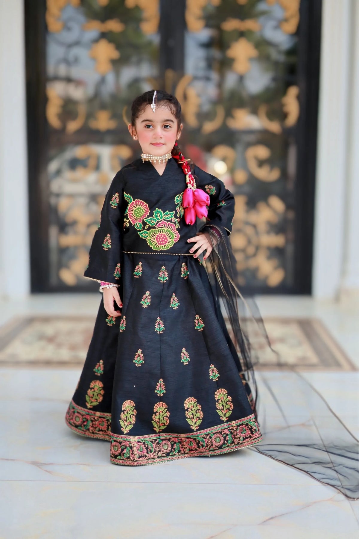 Girls Black Lehenga Choli 3-Piece Set