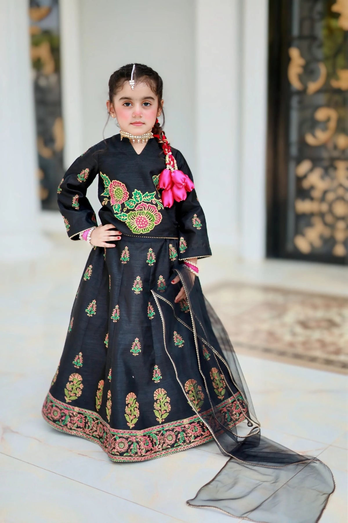 Girls Black Lehenga Choli 3-Piece Set