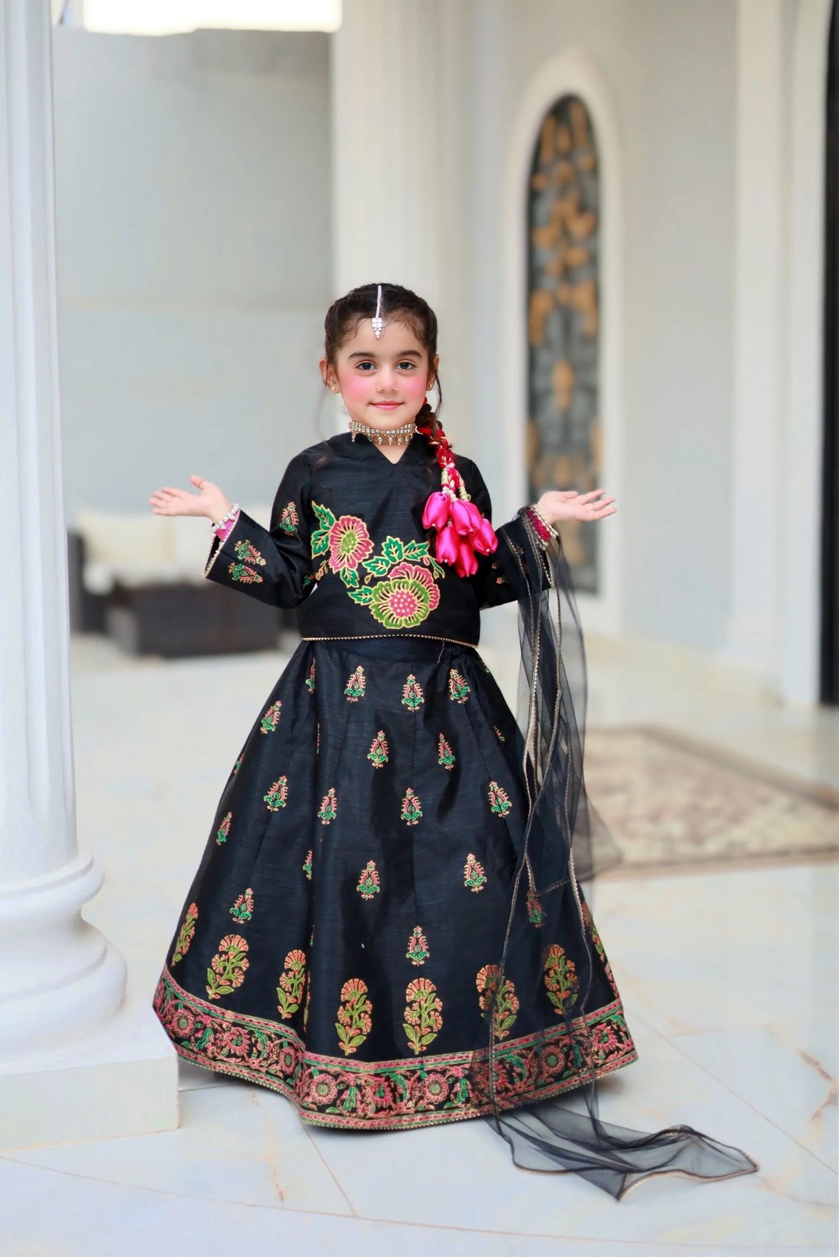Girls Black Lehenga Choli 3-Piece Set