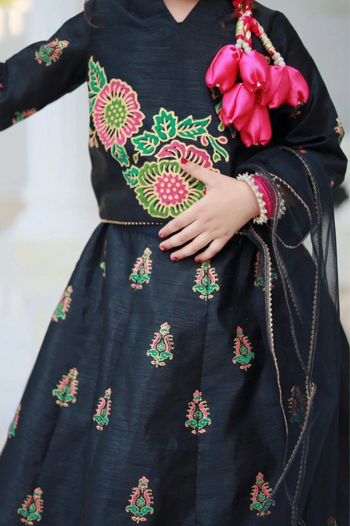 Girls Black Lehenga Choli 3-Piece Set