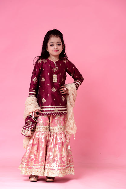 Stitched Peach Gharara and Maroon Shirt Set