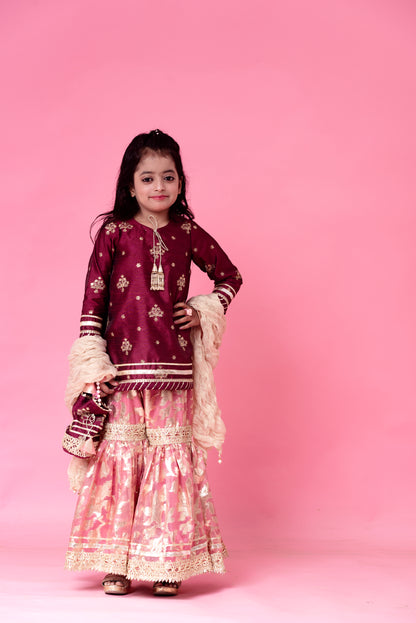 Stitched Peach Gharara and Maroon Shirt Set