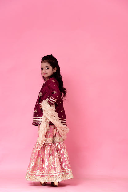 Stitched Peach Gharara and Maroon Shirt Set