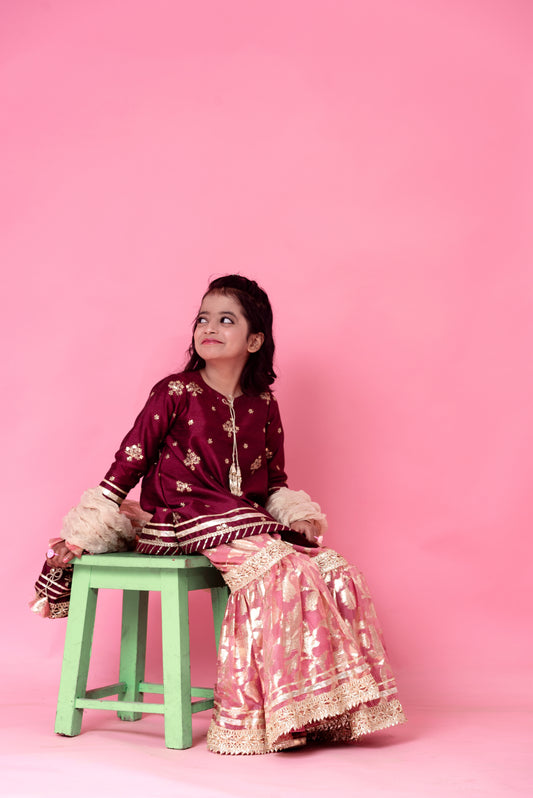 Stitched Peach Gharara and Maroon Shirt Set