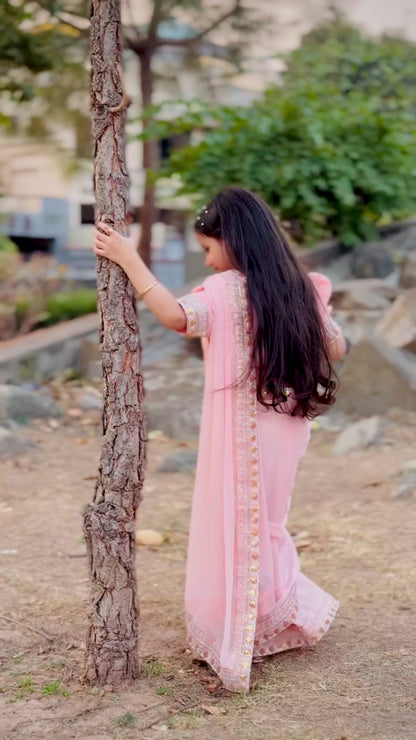 Outstanding Pink Chiffon Mother-Daughter Duo Saree Set